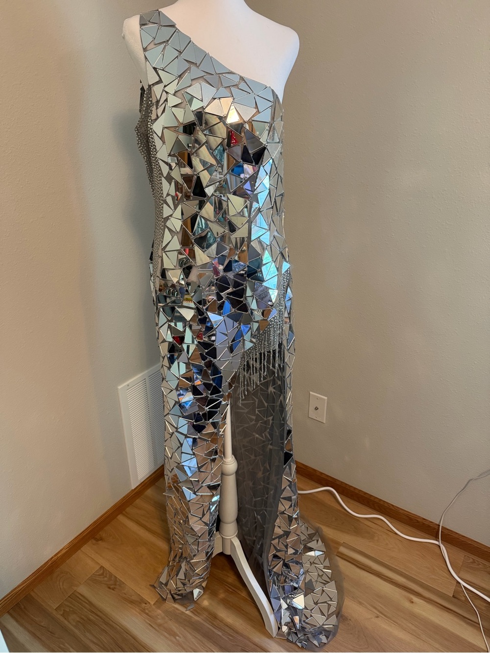 Silver One-Shoulder Mosaic Evening Gown